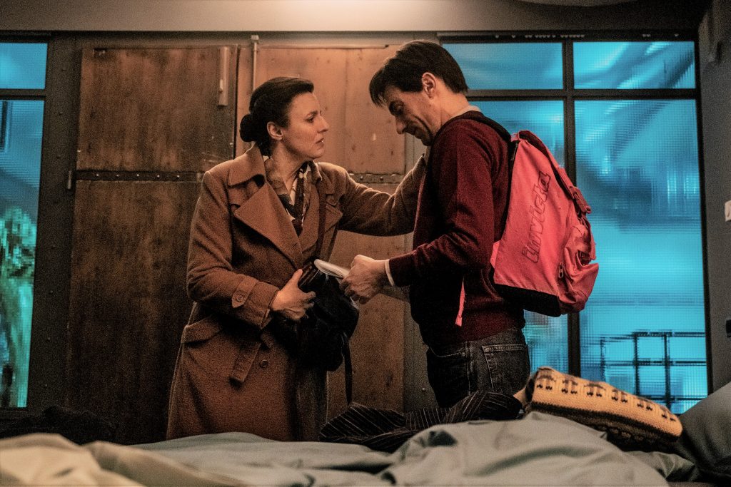 The actors Michela Cescon (Natalia) and Elio Germano (Oscar) acting during a scene L’uomo senza gravità, director Marco Bonfanti, Dop Michele D’Attanasio. Italy-Belgium 2019