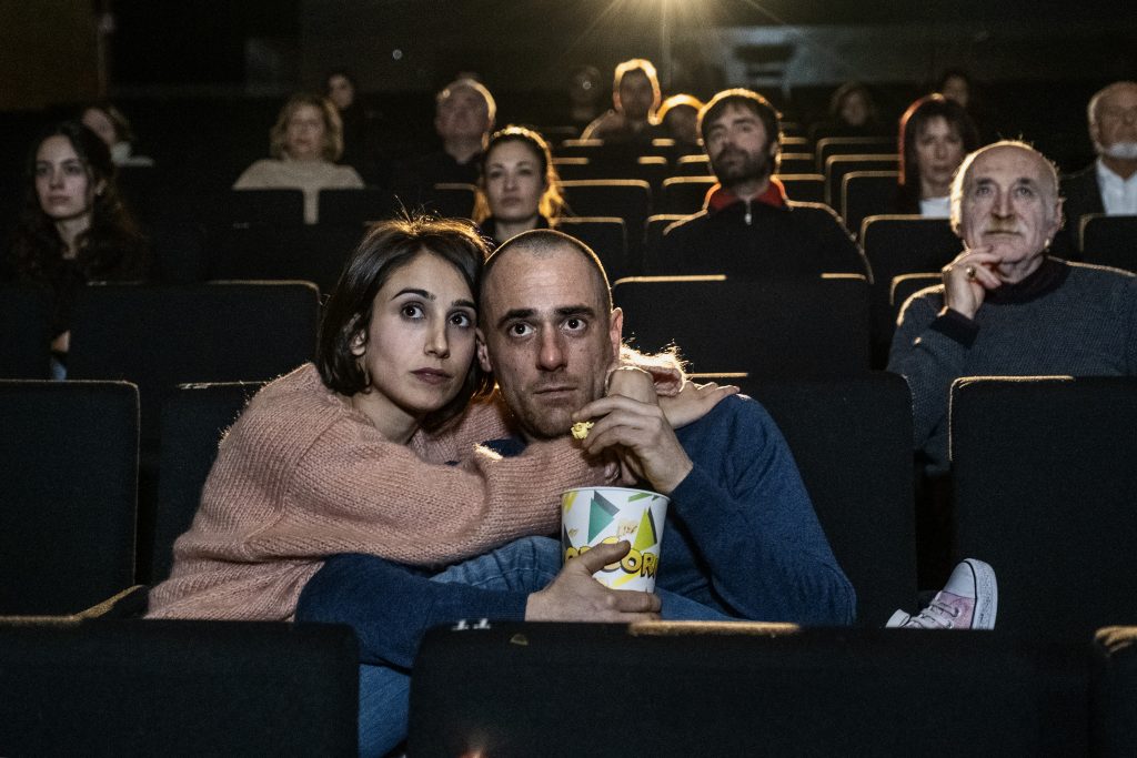 The actors Elio Germano (Oscar) and Silvia D'Amico (Agata) acting during a scene L’uomo senza gravità, director Marco Bonfanti, Dop Michele D’Attanasio. Italy-Belgium 2019
